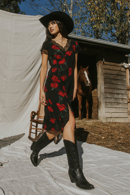 Idyllwind Rosely Floral Print Lace Trim Midi Dress