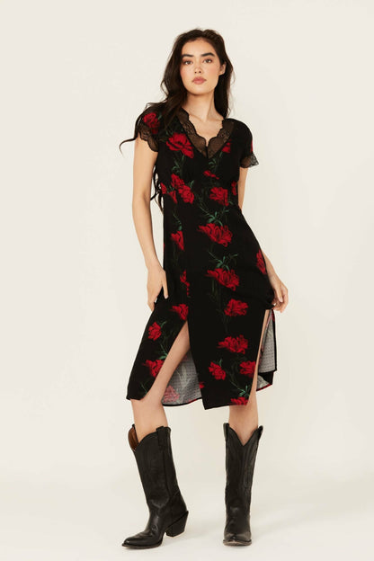Idyllwind Rosely Floral Print Lace Trim Midi Dress