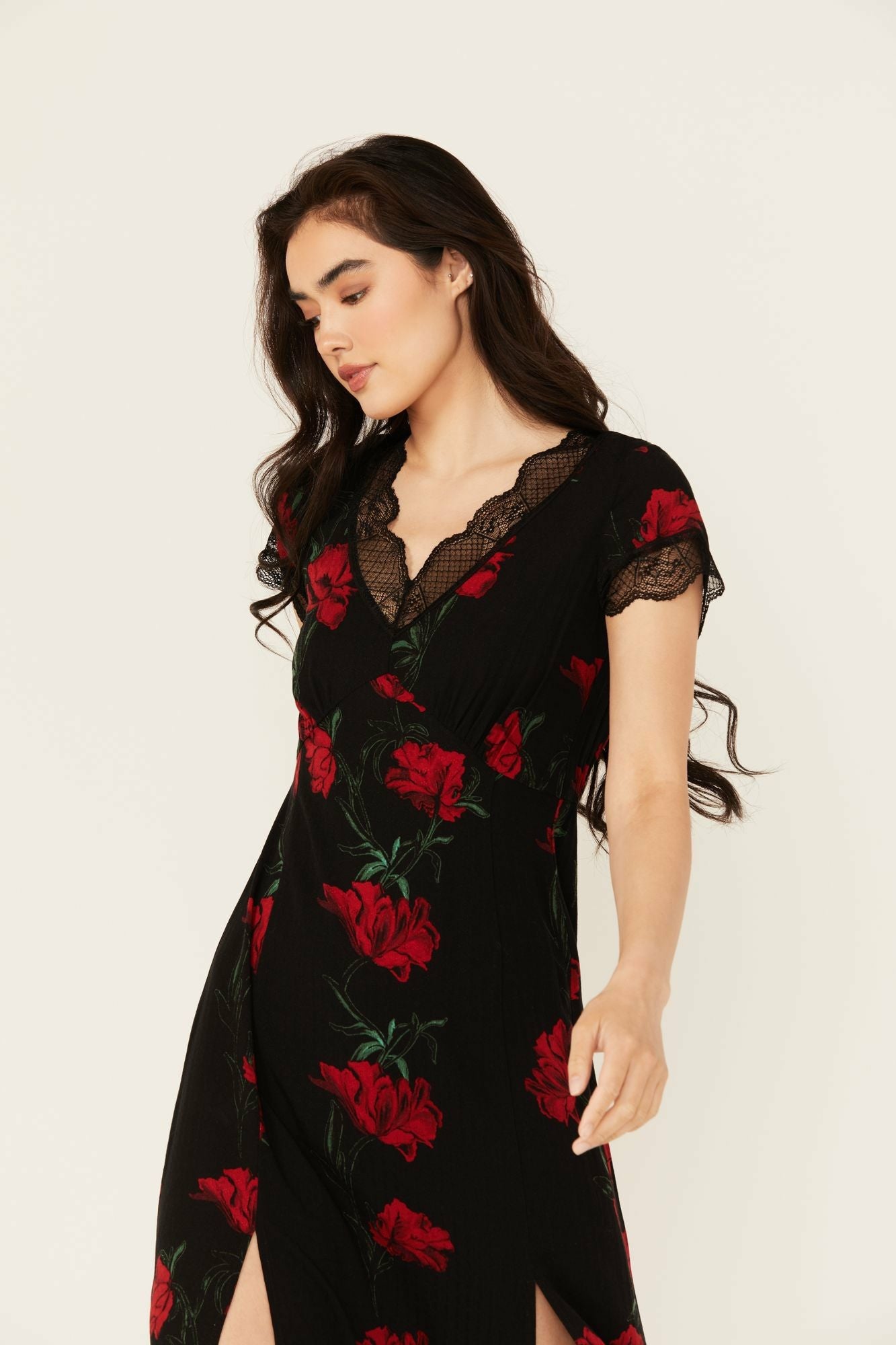 Idyllwind Rosely Floral Print Lace Trim Midi Dress
