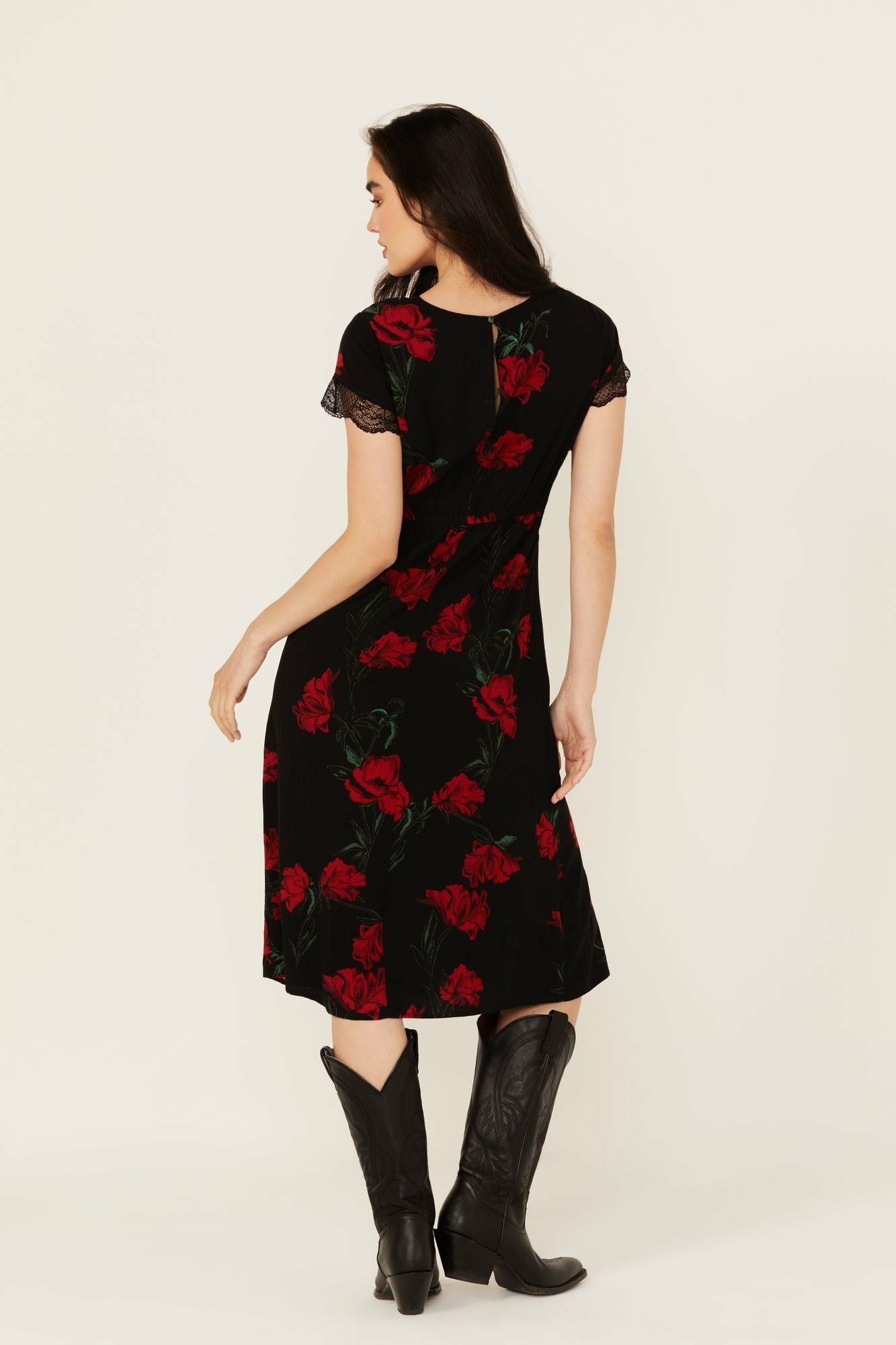 Idyllwind Rosely Floral Print Lace Trim Midi Dress