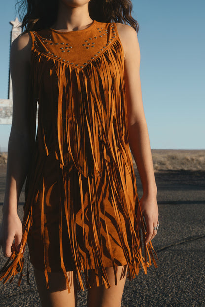 Idyllwind Garland Studded Fringe Faux Suede Sleeveless Mini Dress