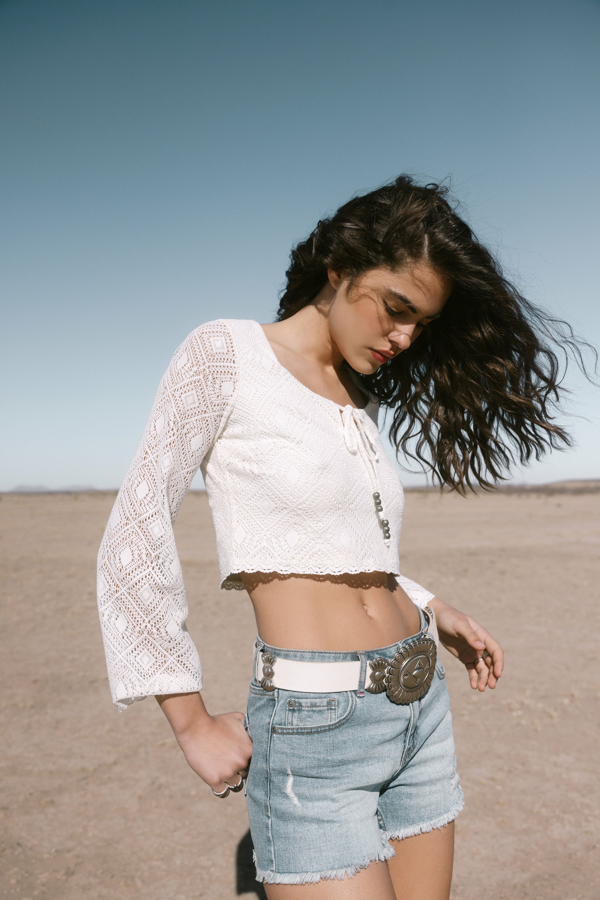 Idyllwind Lacey Scoop Neck Bell Sleeve Crochet Top