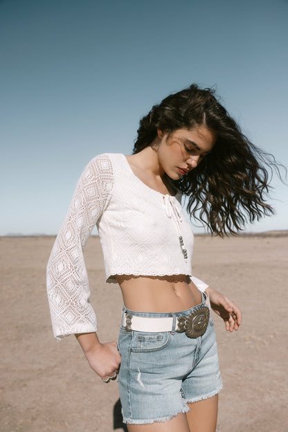 Idyllwind Lacey Scoop Neck Bell Sleeve Crochet Top