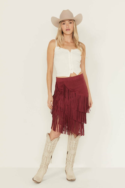 Idyllwind Tina Faux Suede Fringe Midi Skirt
