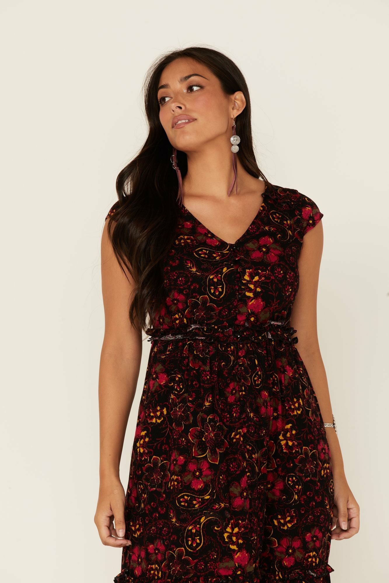 Idyllwind Black Floral Willow Branch Midi Dress