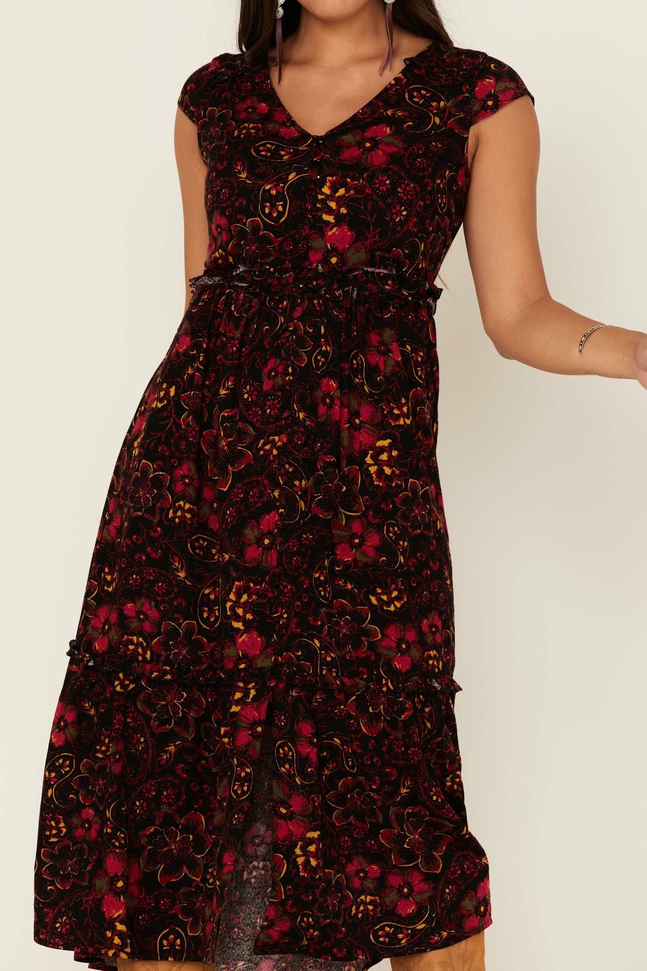 Idyllwind Black Floral Willow Branch Midi Dress