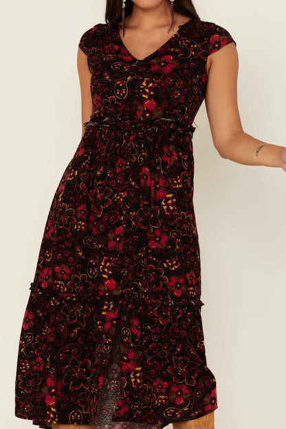 Idyllwind Black Floral Willow Branch Midi Dress