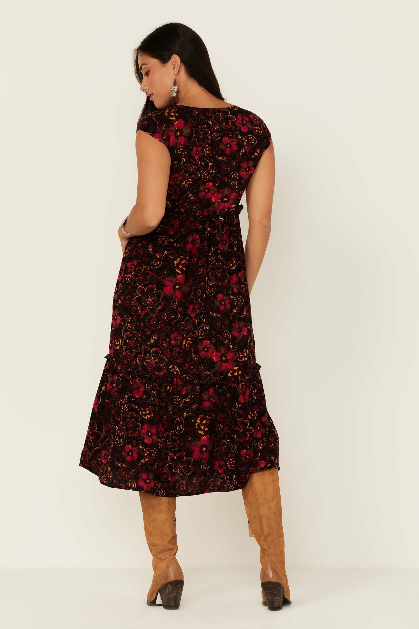 Idyllwind Black Floral Willow Branch Midi Dress
