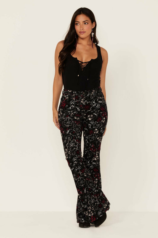 Idyllwind Black Floral Print High Rise Flare Cords