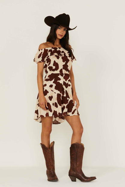 Idyllwind Made For This Off-Shoulder Cow Print Dress