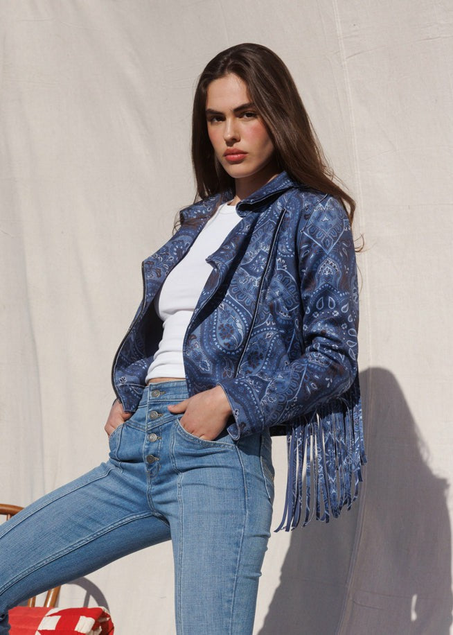 Idyllwind Banbury Printed Faux Suede Fringe Moto Jacket