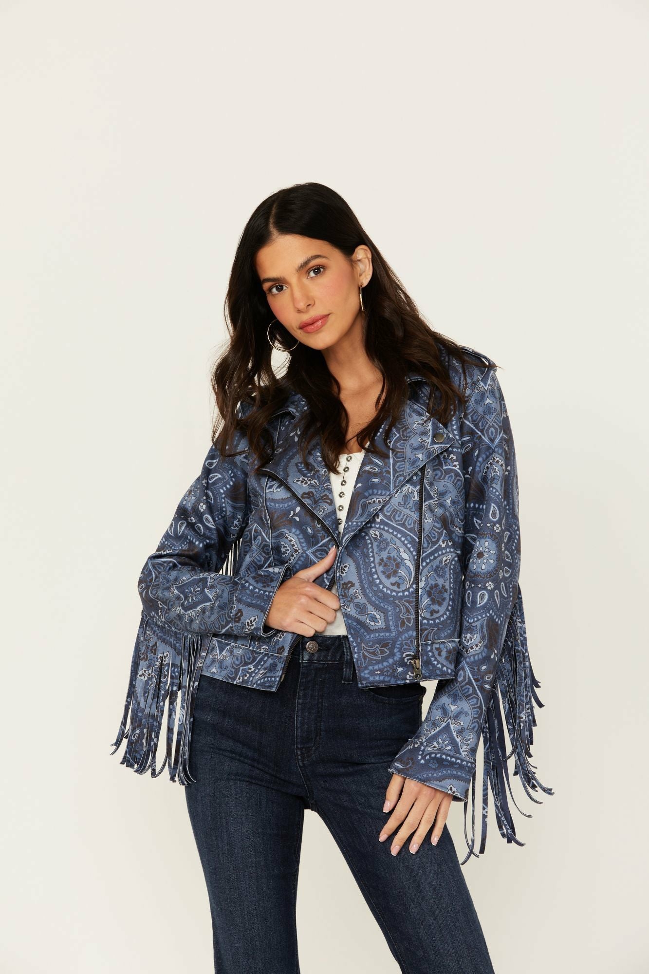 Idyllwind Banbury Printed Faux Suede Fringe Moto Jacket