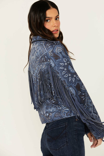 Idyllwind Banbury Printed Faux Suede Fringe Moto Jacket