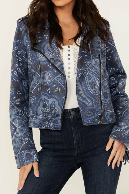 Idyllwind Banbury Printed Faux Suede Fringe Moto Jacket