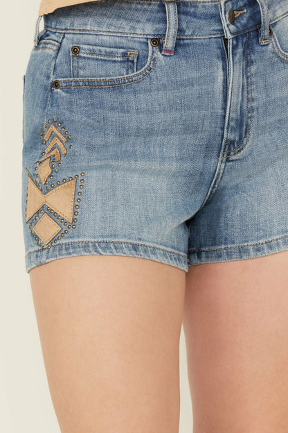 Idyllwind Medium Wash Gypsy High Rise Faux Suede Embellished Comfort Stretch Denim Shorts