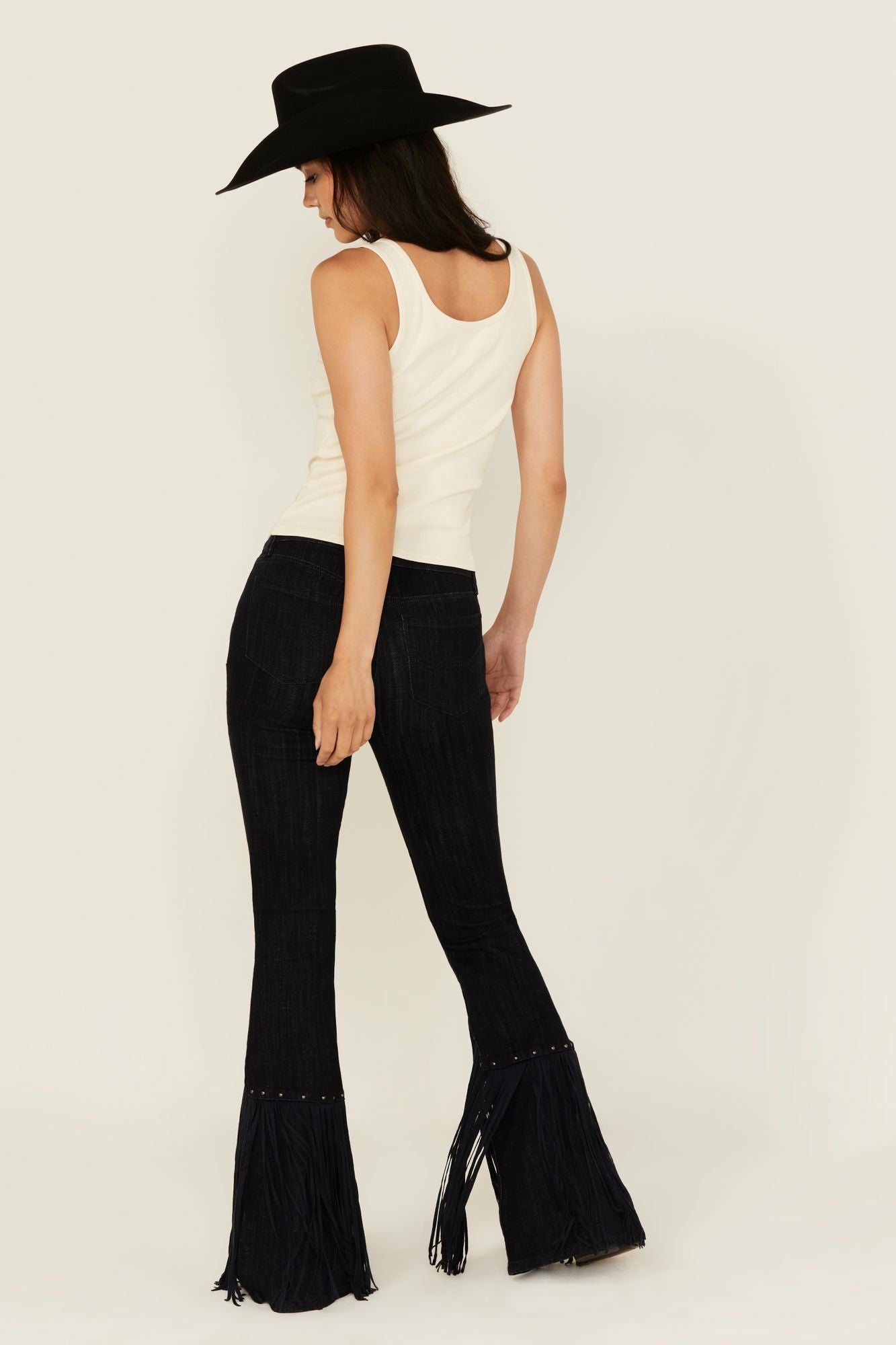 Idyllwind Magnolia Dark Wash Outlaw High Rise Studded Fringe Super Stretch Flare Jeans